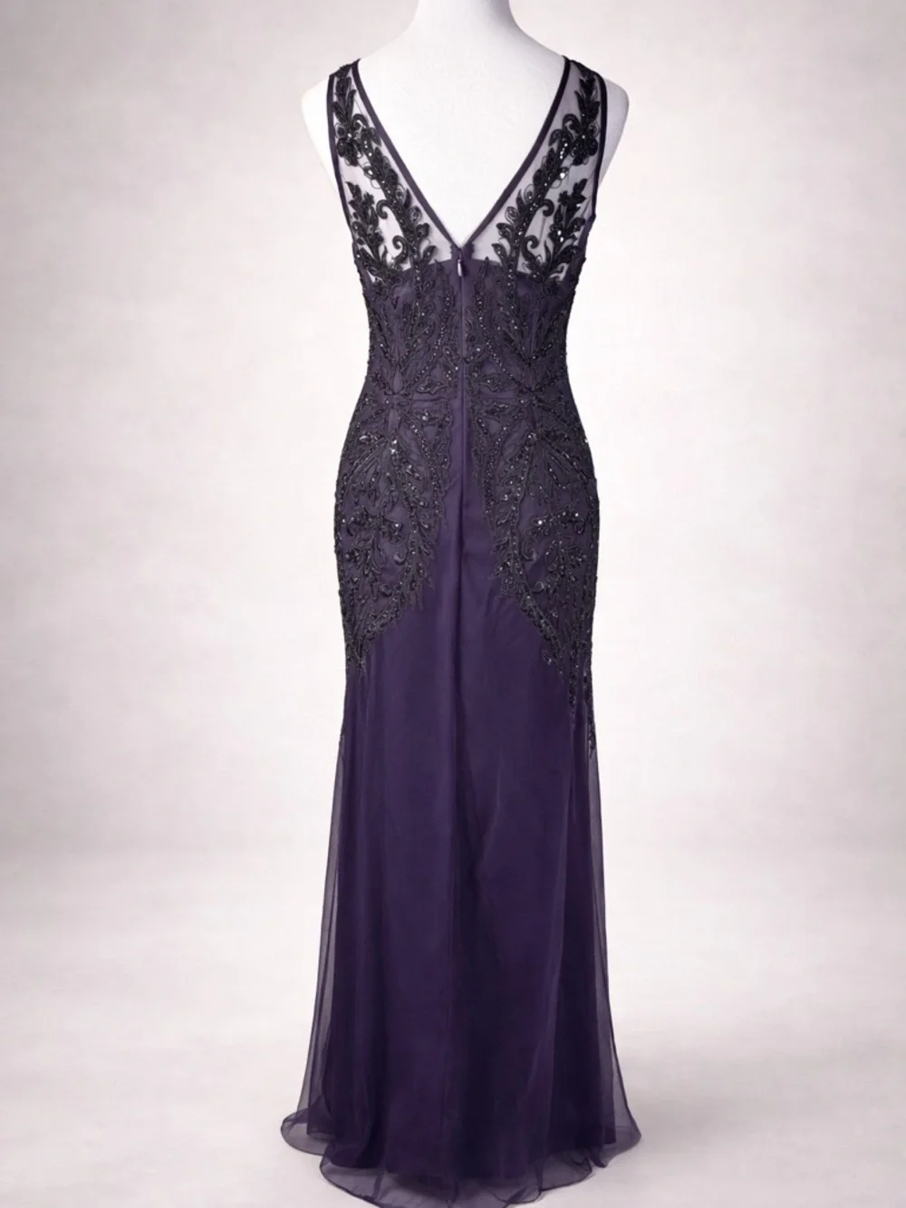 Adrianna Papell Embellished Illusion Neck Maxi in Plum and Black - Picture 2 of 11
